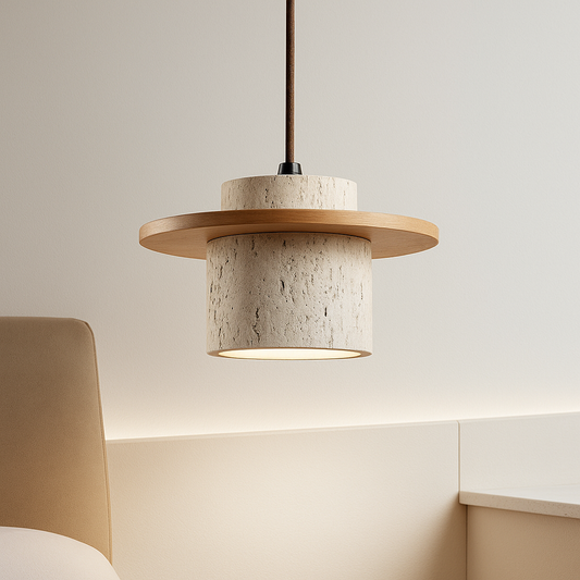 AetherNova – Travertin & Houten Hanglamp | Retro Design | Verstelbare Kabel | LED Geschikt