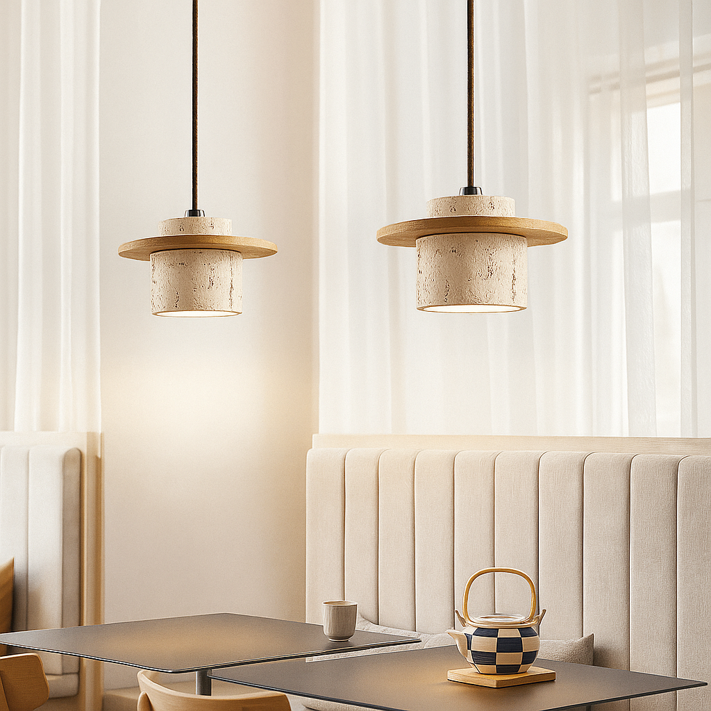 AetherNova – Travertin & Houten Hanglamp | Retro Design | Verstelbare Kabel | LED Geschikt