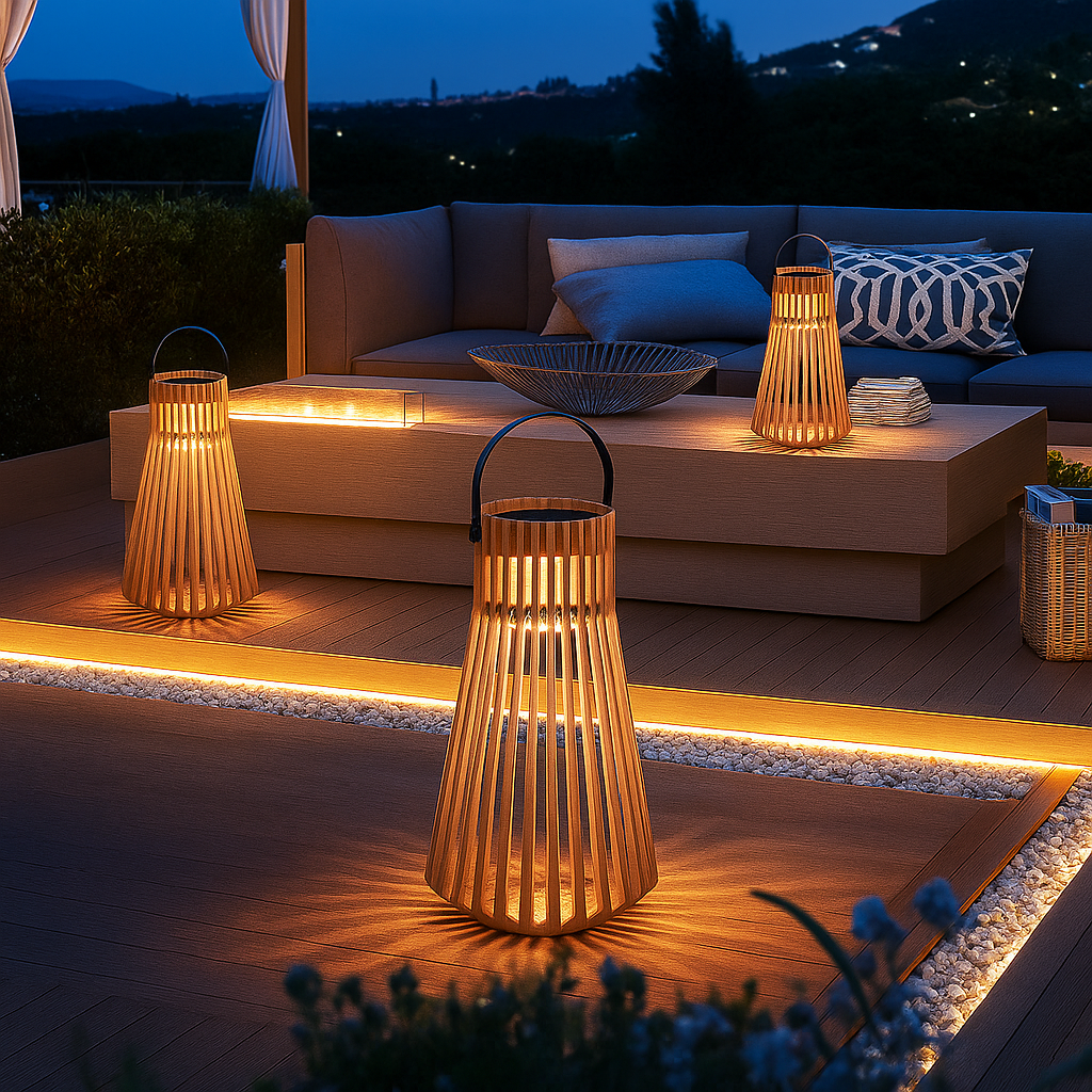 TeakGlow | Lanterna Solare in Rattan per Esterni – Manico in Legno – Resistente alle Intemperie – Illuminazione da Giardino a LED – 39 x 68 cm