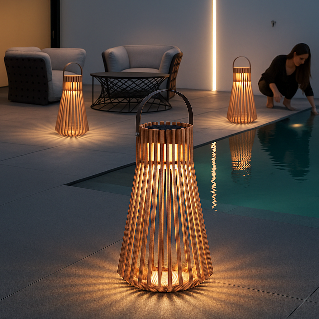 TeakGlow | Lanterna Solare in Rattan per Esterni – Manico in Legno – Resistente alle Intemperie – Illuminazione da Giardino a LED – 39 x 68 cm