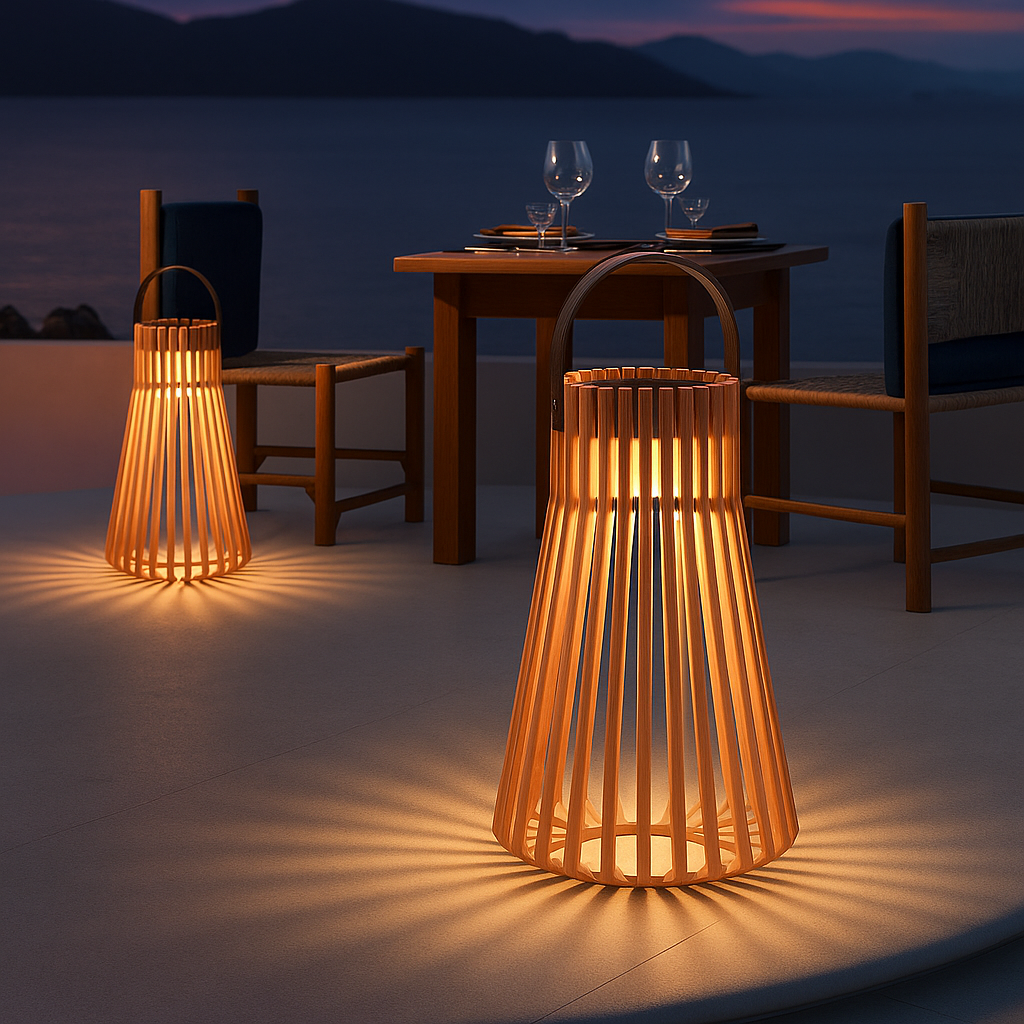 TeakGlow | Lanterna Solare in Rattan per Esterni – Manico in Legno – Resistente alle Intemperie – Illuminazione da Giardino a LED – 39 x 68 cm