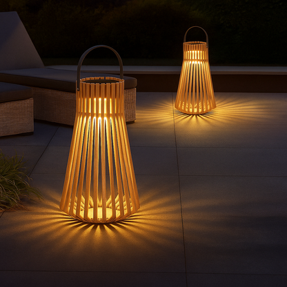 TeakGlow | Lanterna Solare in Rattan per Esterni – Manico in Legno – Resistente alle Intemperie – Illuminazione da Giardino a LED – 39 x 68 cm