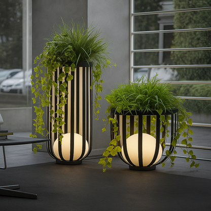 Nova GardenGlow | Solar Tafellamp met Bloempot – LED Buitenlamp – Roestvrij & Weerbestendig – Moderne Tuinverlichting