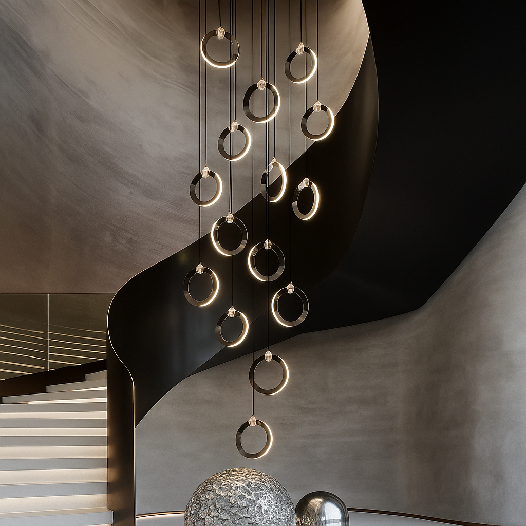 KhaatemLuce – Lampada a Sospensione LED Futuristica con Anelli Multipli – Altezza Regolabile – Design Moderno