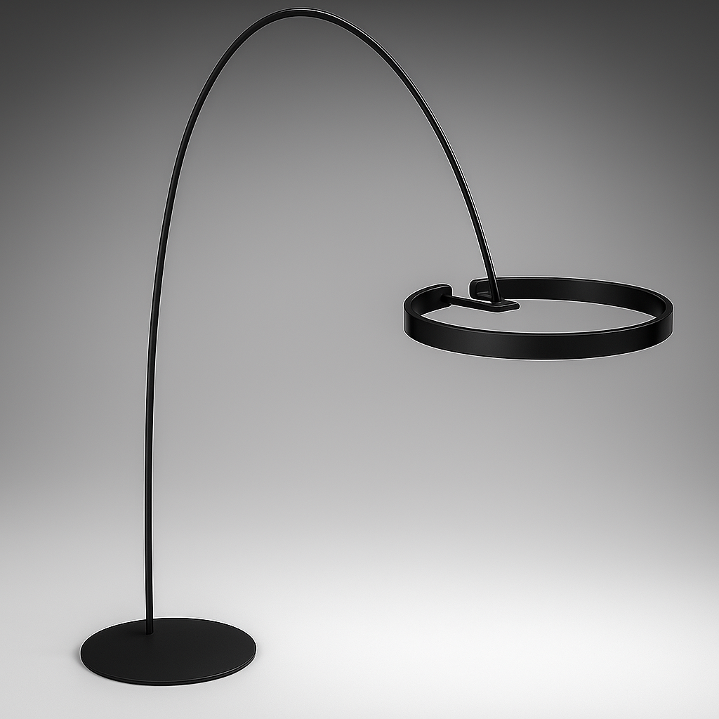 Halo – Design Vloerlamp met Gebogen Arm en LED Ringen – Aluminium & Acryl – Modern Interieur