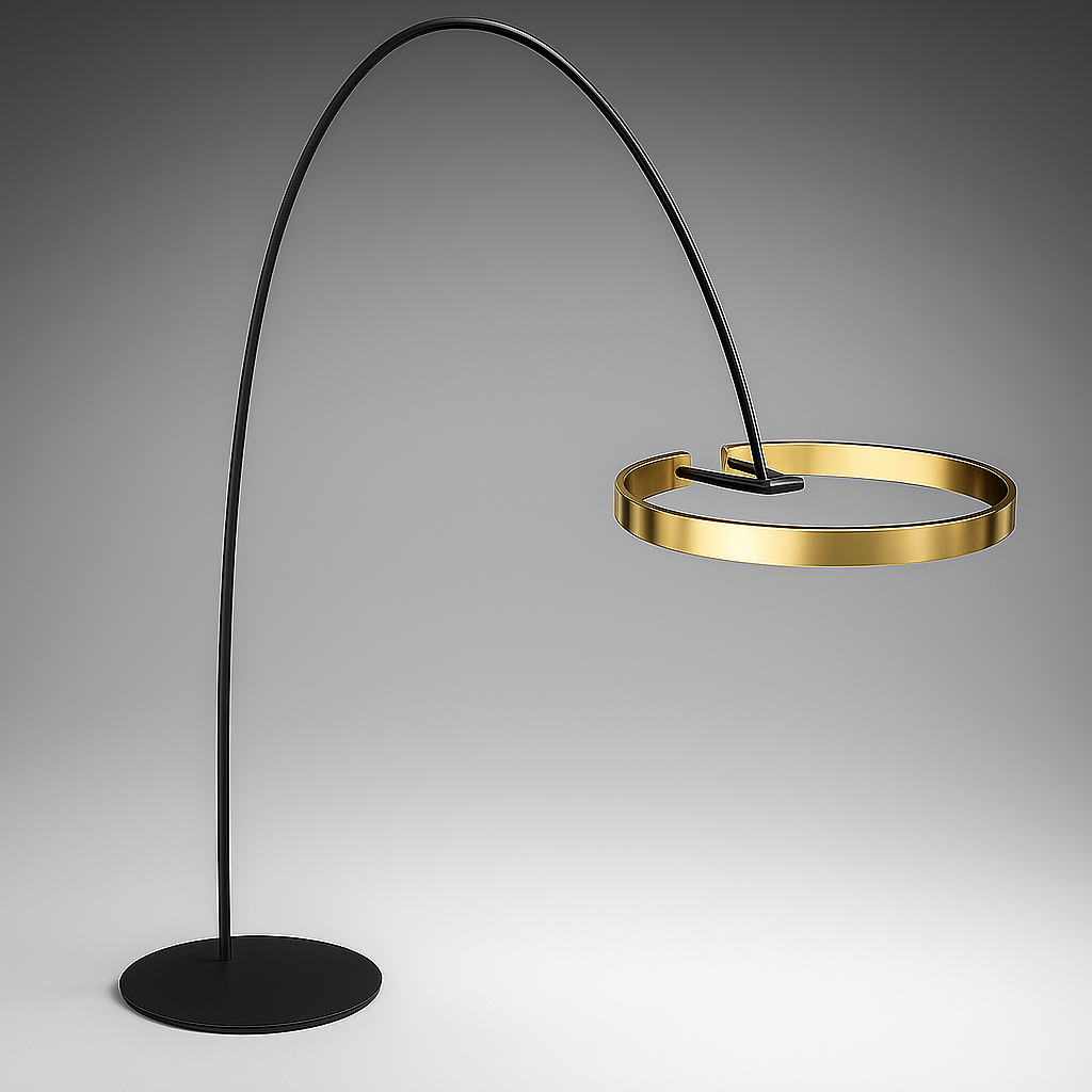 Halo – Design Vloerlamp met Gebogen Arm en LED Ringen – Aluminium & Acryl – Modern Interieur