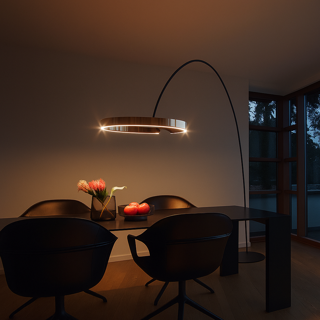 Halo – Design Vloerlamp met Gebogen Arm en LED Ringen – Aluminium & Acryl – Modern Interieur