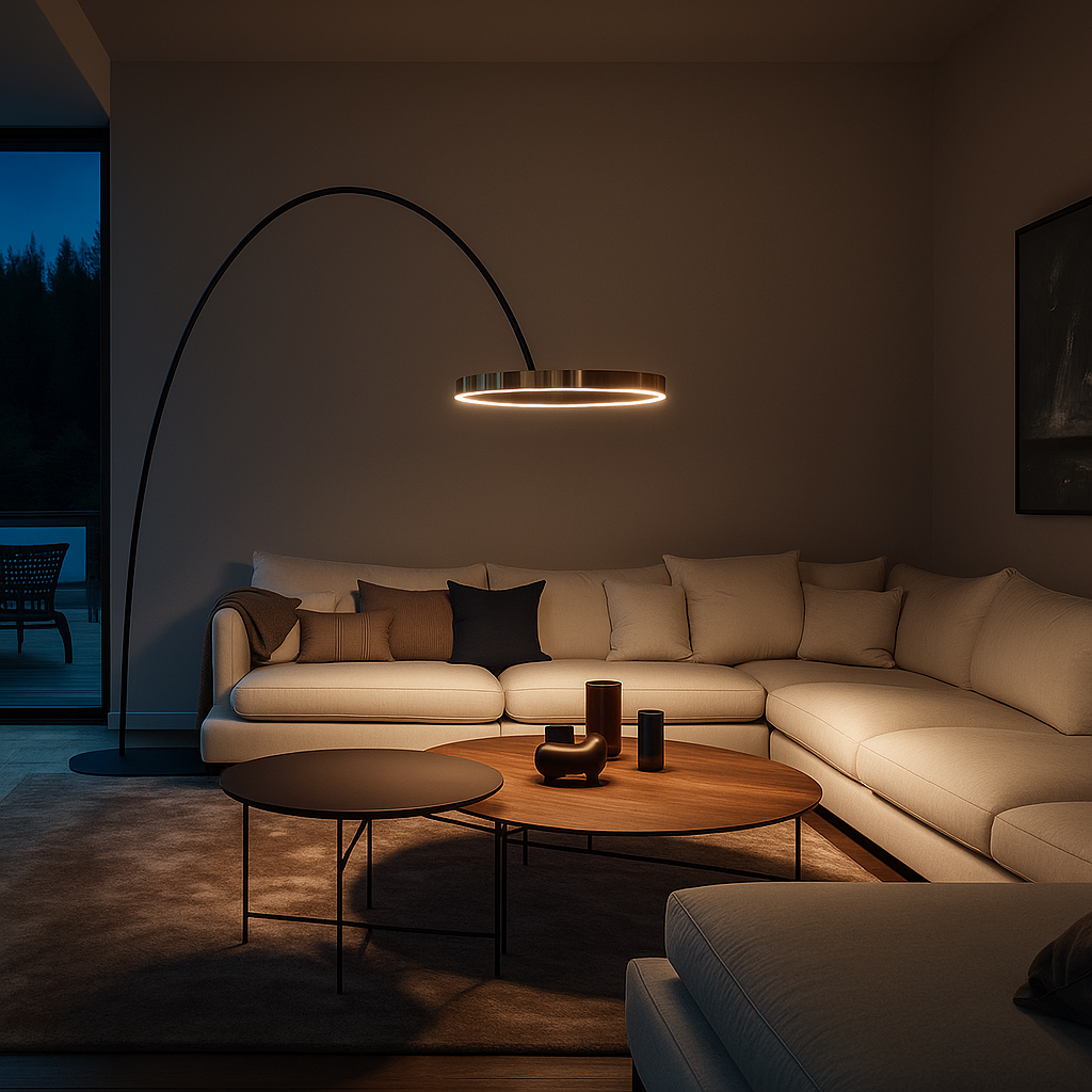 Halo – Design Vloerlamp met Gebogen Arm en LED Ringen – Aluminium & Acryl – Modern Interieur