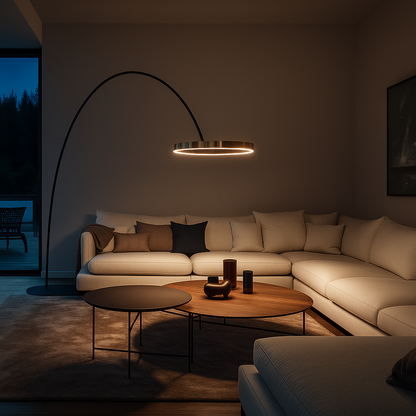 Halo – Design Vloerlamp met Gebogen Arm en LED Ringen – Aluminium & Acryl – Modern Interieur