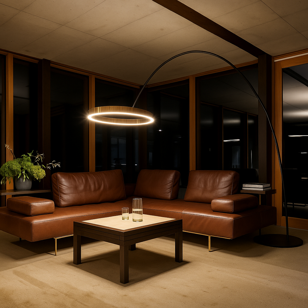 Halo – Design Vloerlamp met Gebogen Arm en LED Ringen – Aluminium & Acryl – Modern Interieur