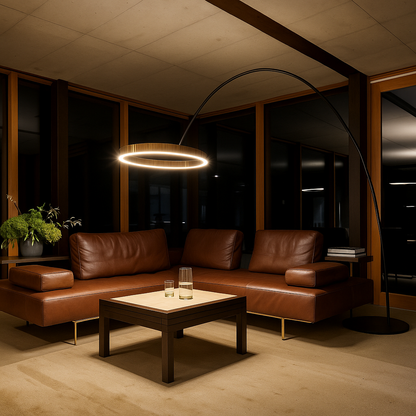 Halo – Design Vloerlamp met Gebogen Arm en LED Ringen – Aluminium & Acryl – Modern Interieur