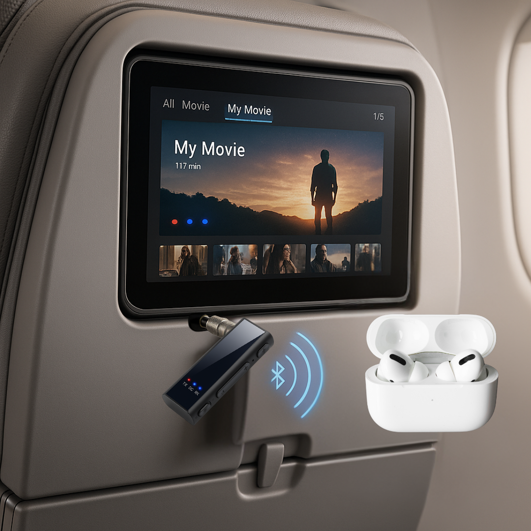 SkyFlyer Pro | Draadloze Bluetooth Vliegtuigadapter – 2-in-1 Zender & Ontvanger – AUX & Type-C – Met Microfoon