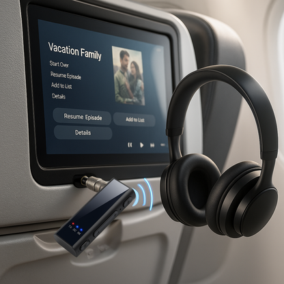 SkyFlyer Pro | Draadloze Bluetooth Vliegtuigadapter – 2-in-1 Zender & Ontvanger – AUX & Type-C – Met Microfoon