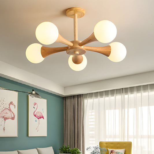 OctoGlow - Scandinavische Houten Kroonluchter met Glazen Lampenkappen
