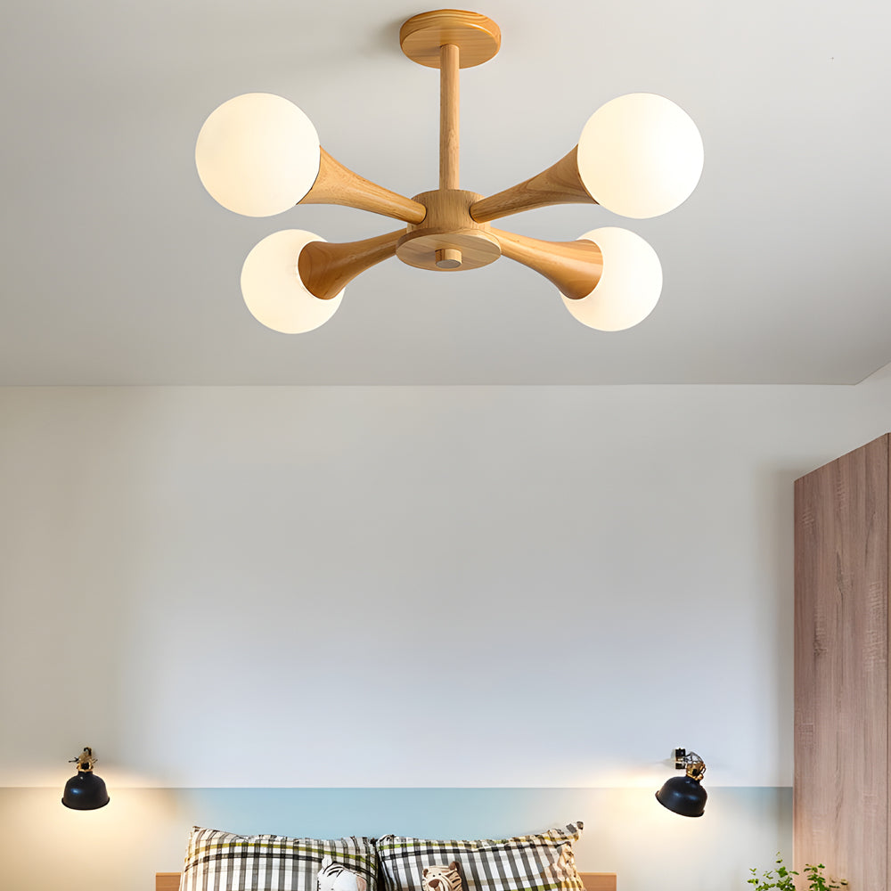 OctoGlow - Scandinavische Houten Kroonluchter met Glazen Lampenkappen