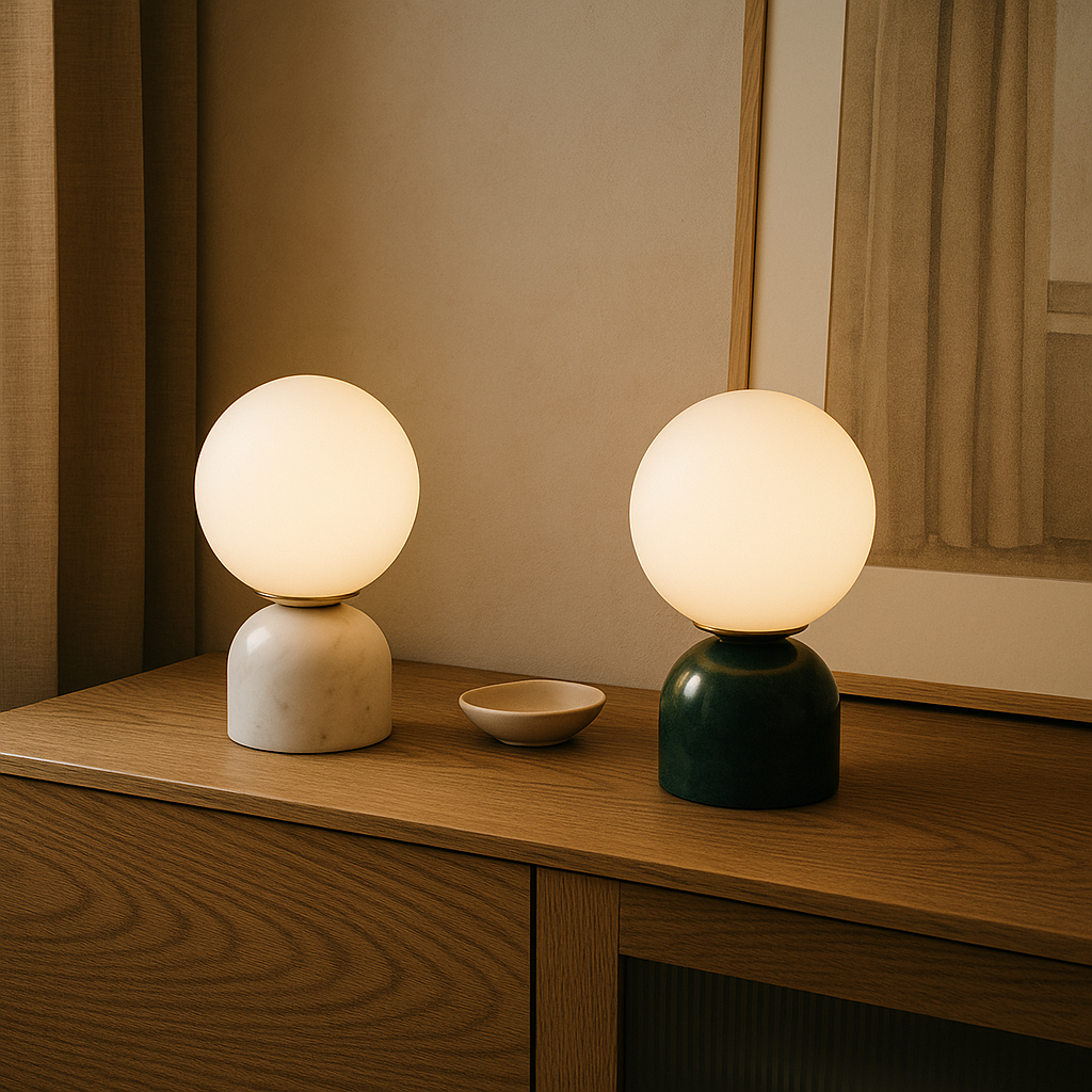 Marnor | Lampada da Tavolo in Marmo con Paralume in Vetro – Design Scandinavo