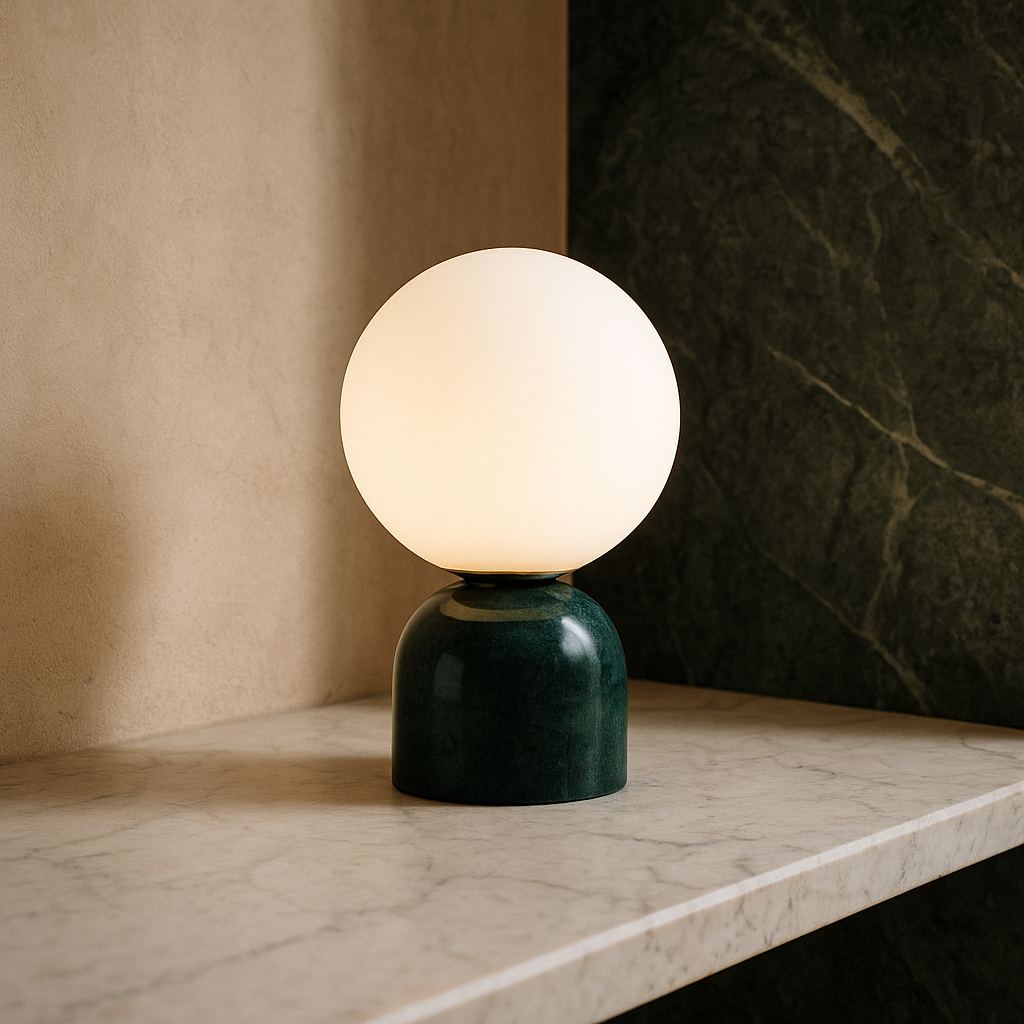 Marnor | Lampada da Tavolo in Marmo con Paralume in Vetro – Design Scandinavo