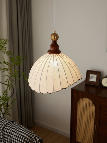 VELMARA Lampada a sospensione – Paralume in tessuto plissé con legno e metallo color oro – Ø40 cm