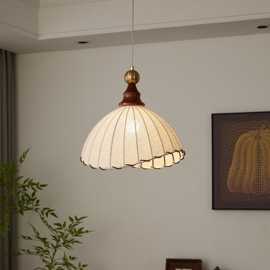 VELMARA Hanglamp – Stoffen Plissé Kap met Hout & Goudkleurig Metaal – Ø40 cm