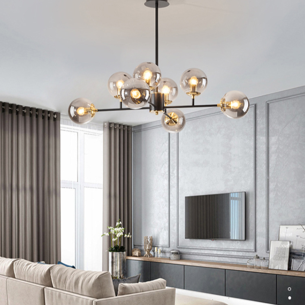 NEBULORA | Design Kroonluchter met Rookglas Bollen – 8 Lichten – Zwart Frame – E27 – 89 cm