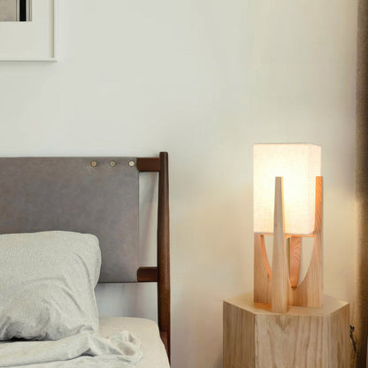 Kōta | Walnoothouten Vloerlamp met Stoffen Kap – Warm LED Licht