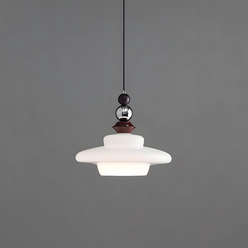 CASTELLA Hanglamp – Middeleeuws Design met Beige Glazen Kap & Houten Accenten